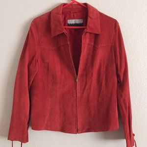 Red suede jacket with tie details at sleeve